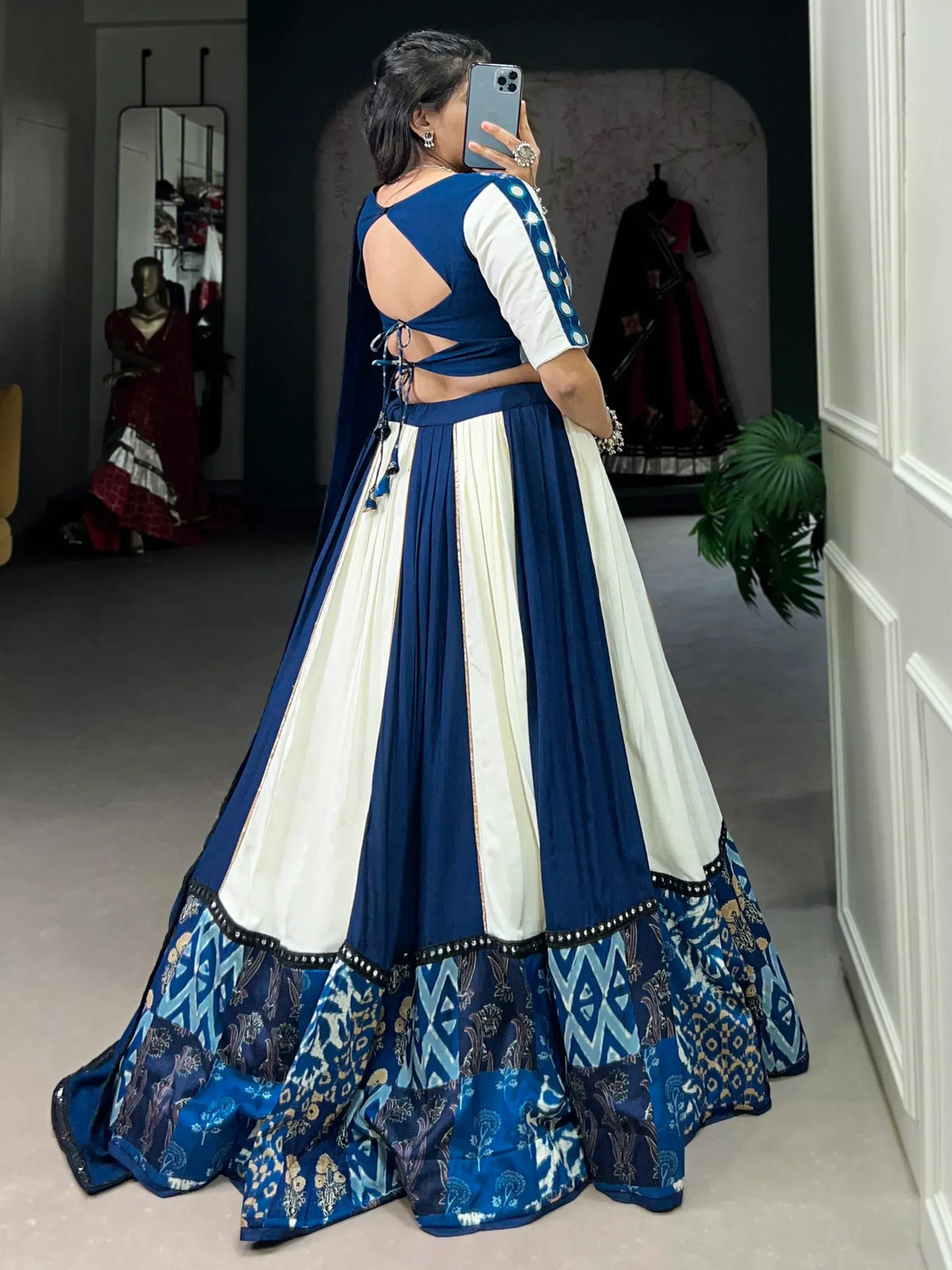 Alluring Blue Lace Work Rayon Navratri Special Lehenga Choli