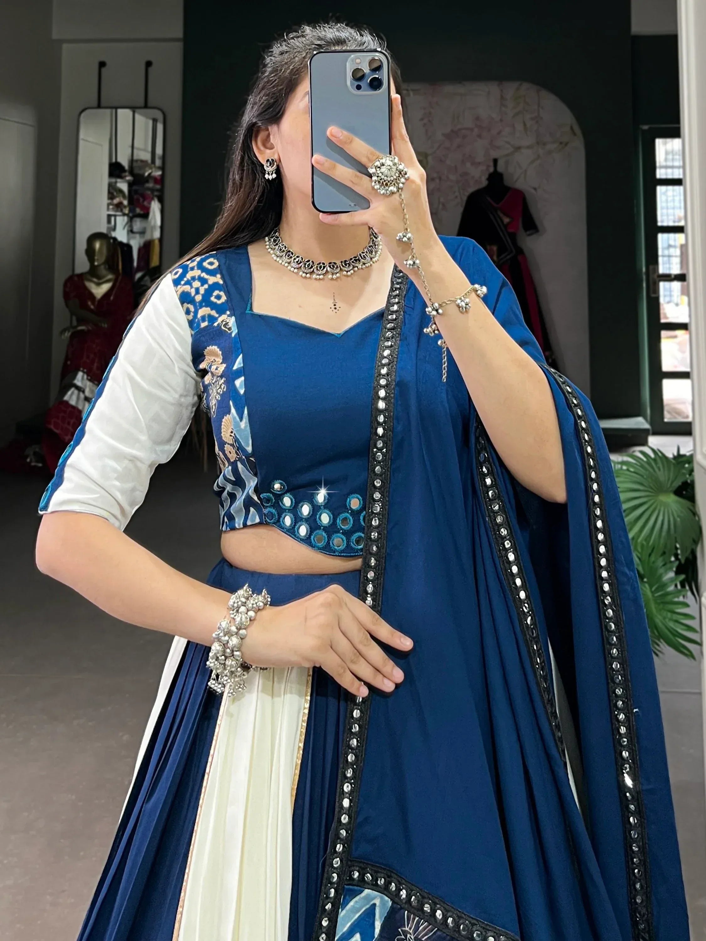 Alluring Blue Lace Work Rayon Navratri Special Lehenga Choli