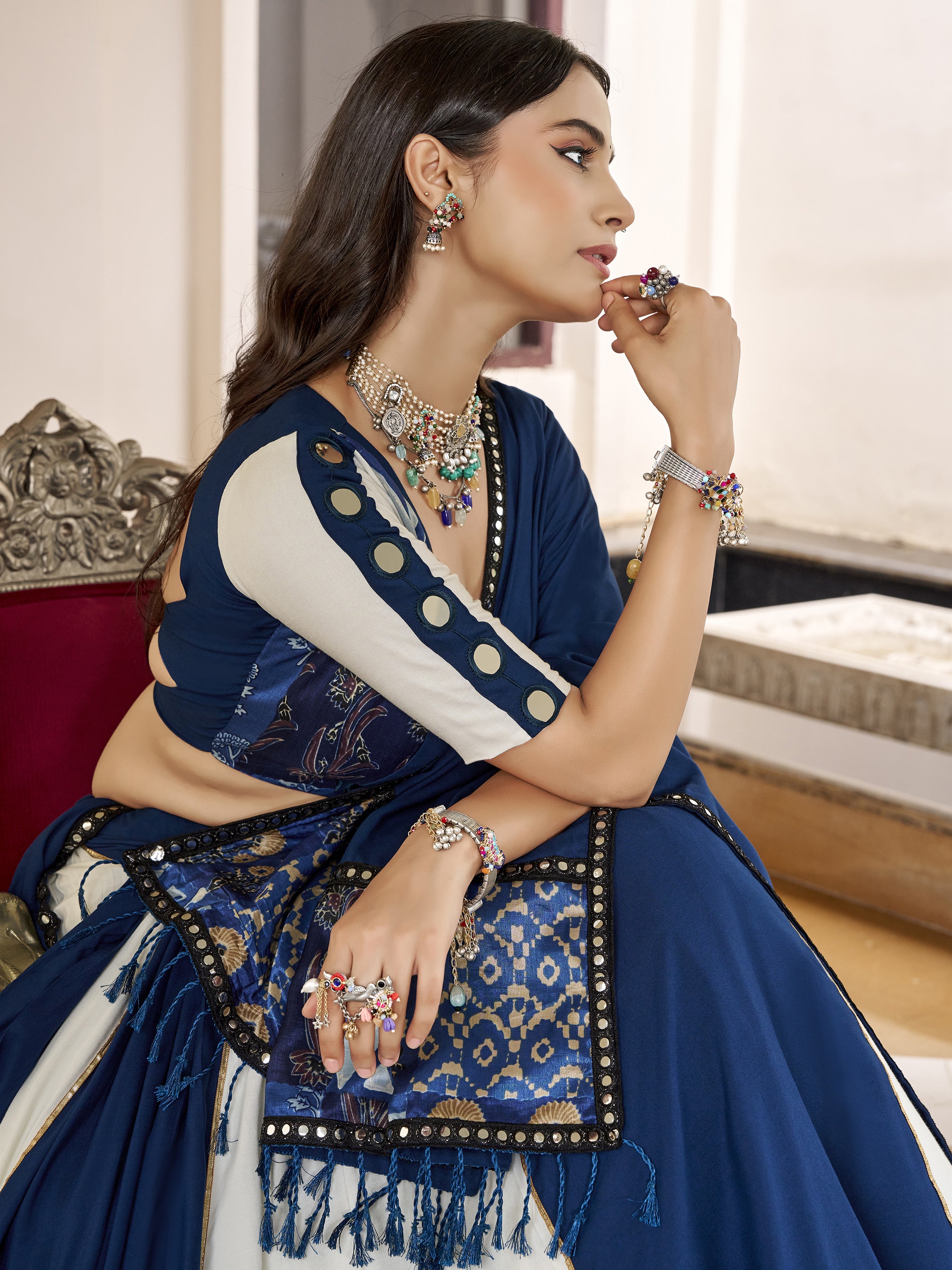 Great Blue Gota Laced Rayon Navratri Special Lehenga Choli With Dupatta