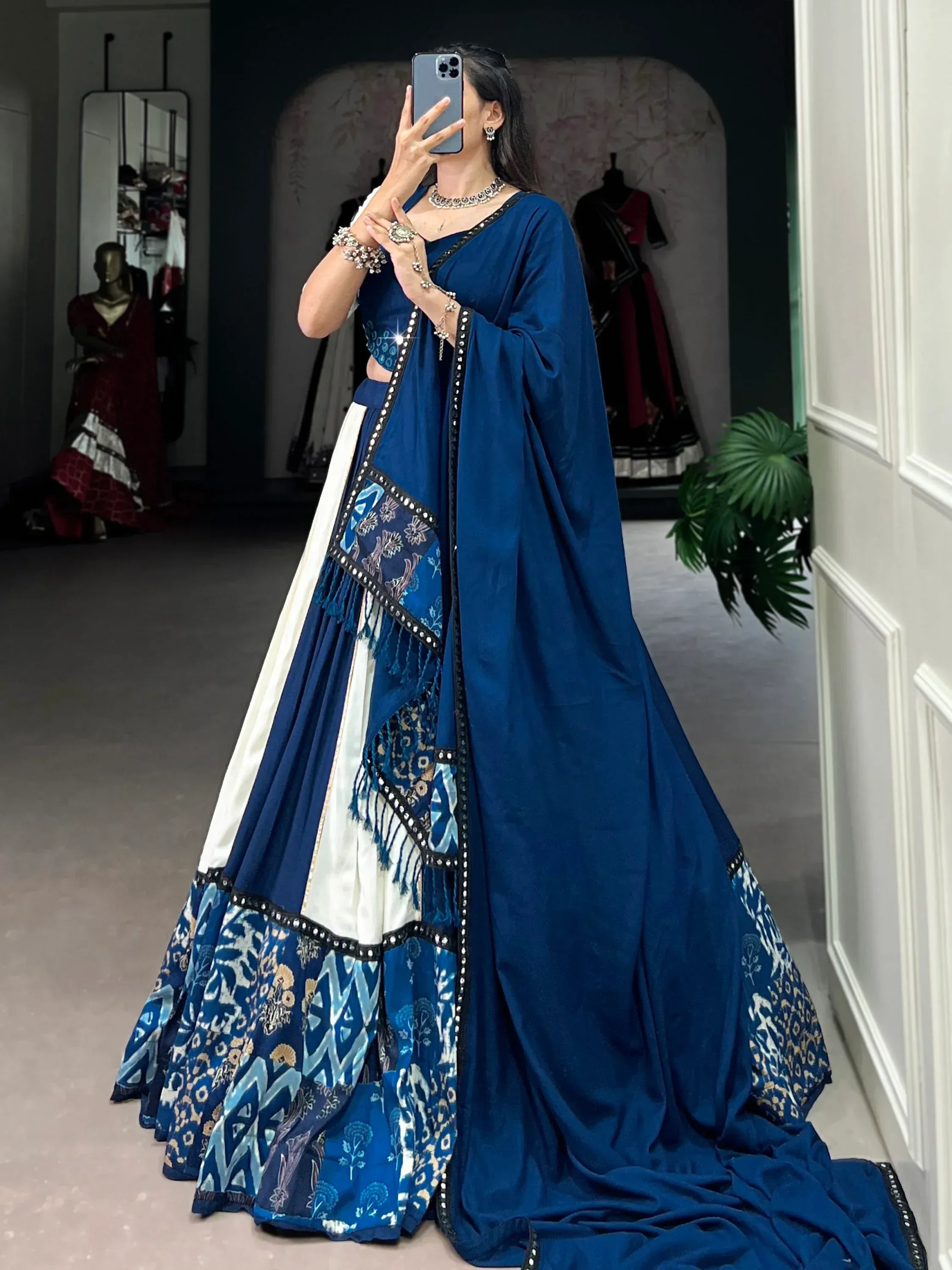 Alluring Blue Lace Work Rayon Navratri Special Lehenga Choli
