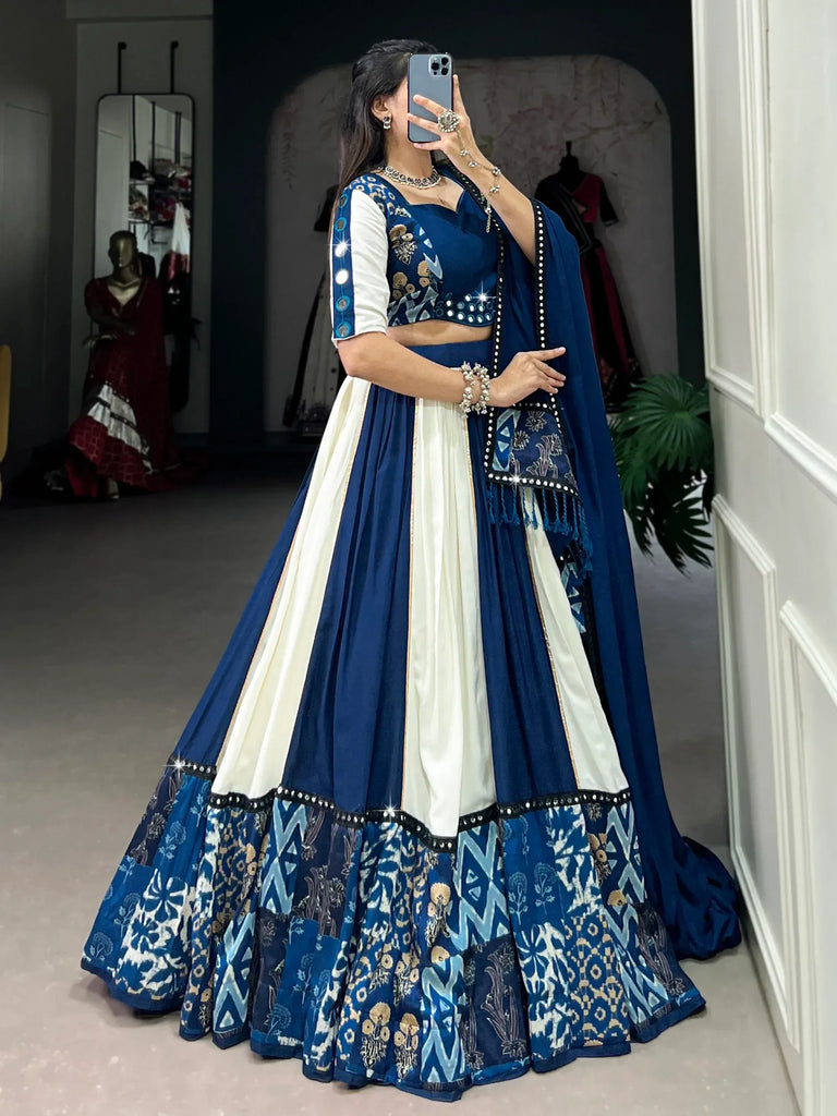 Alluring Blue Lace Work Rayon Navratri Special Lehenga Choli
