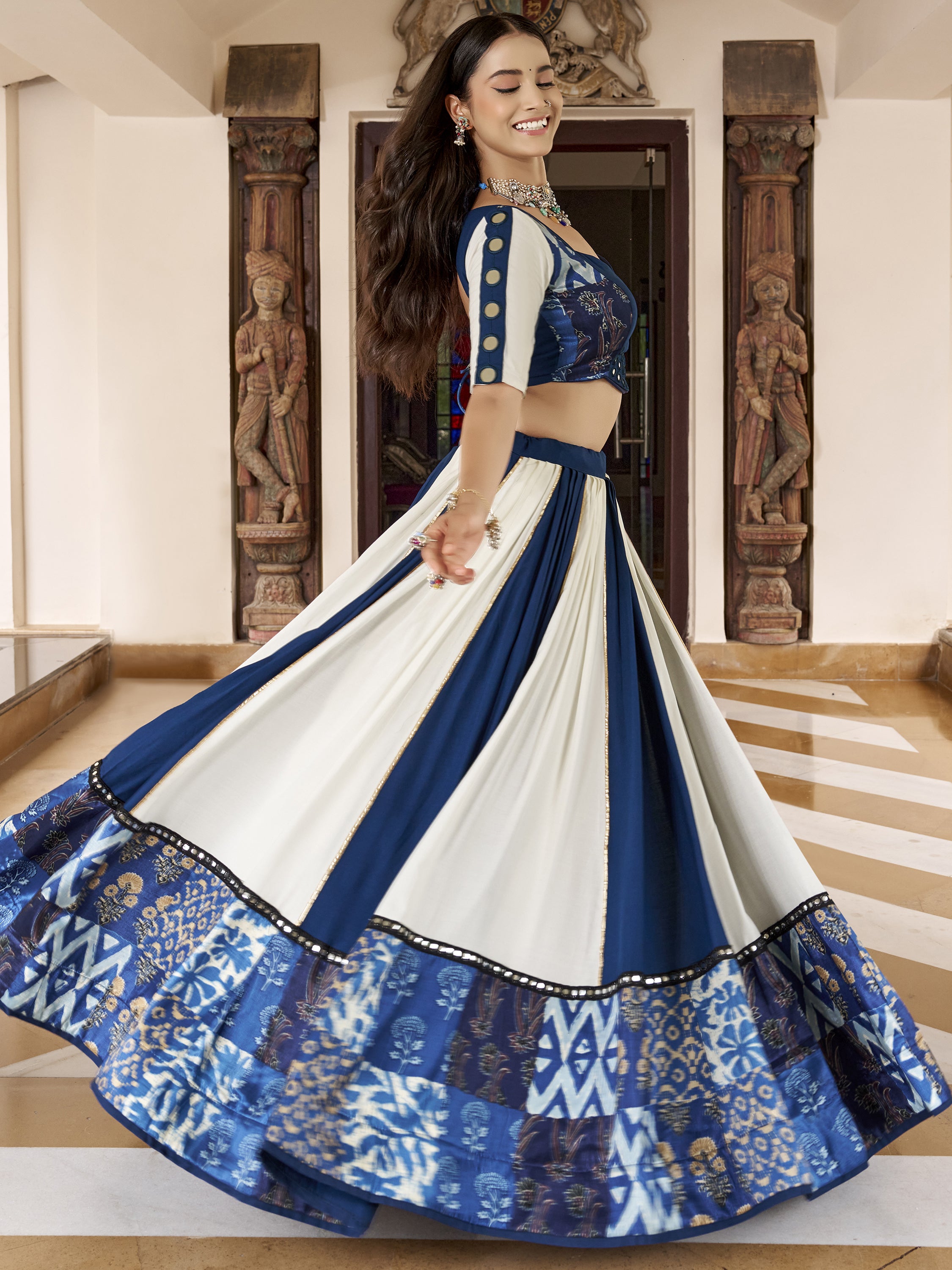 Great Blue Gota Laced Rayon Navratri Special Lehenga Choli With Dupatta