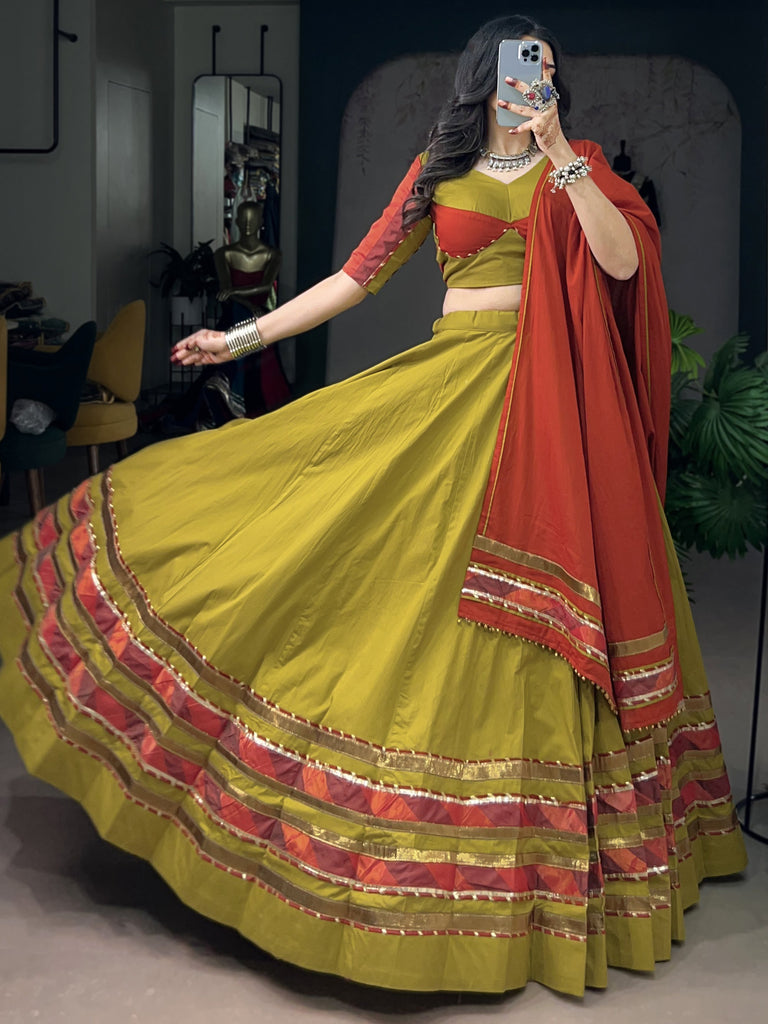 Fresh Mustard Yellow Gota Laced Navratri Wear Lehenga Choli With Dupatta