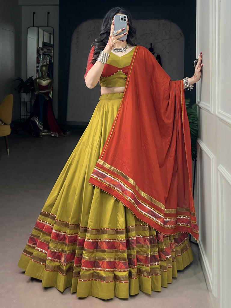 Fresh Mustard Yellow Gota Laced Navratri Wear Lehenga Choli With Dupatta