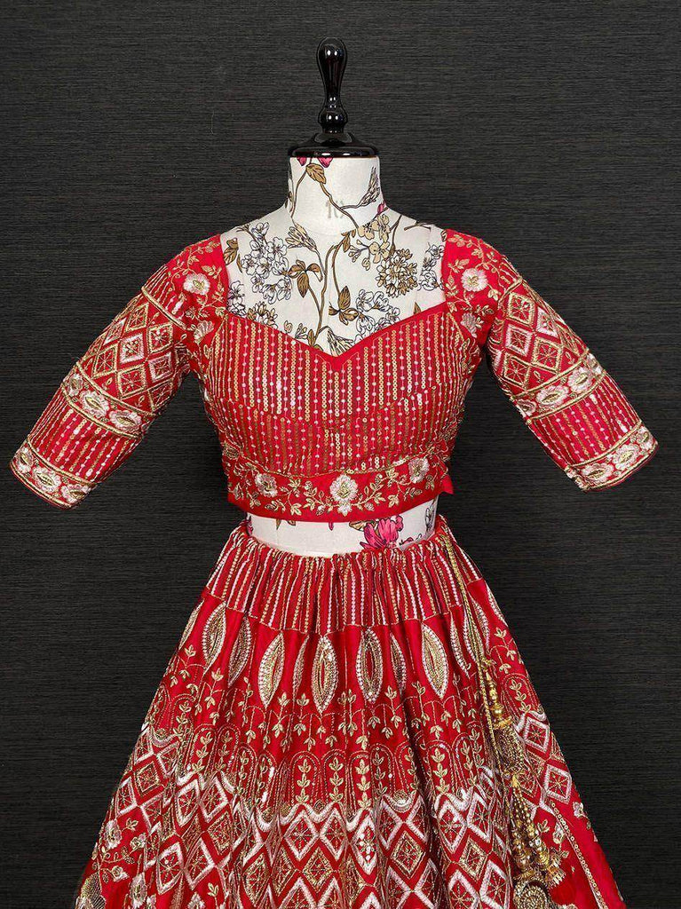 Appealing Red Sequins Work Silk Bridal Wear Lehenga Choli