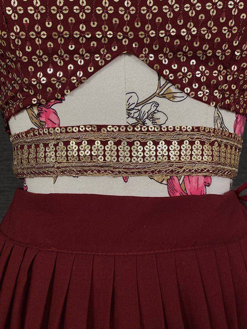 Maroon sequin blouse with gold embroidery and pleated skirt, Indian ethnic wear