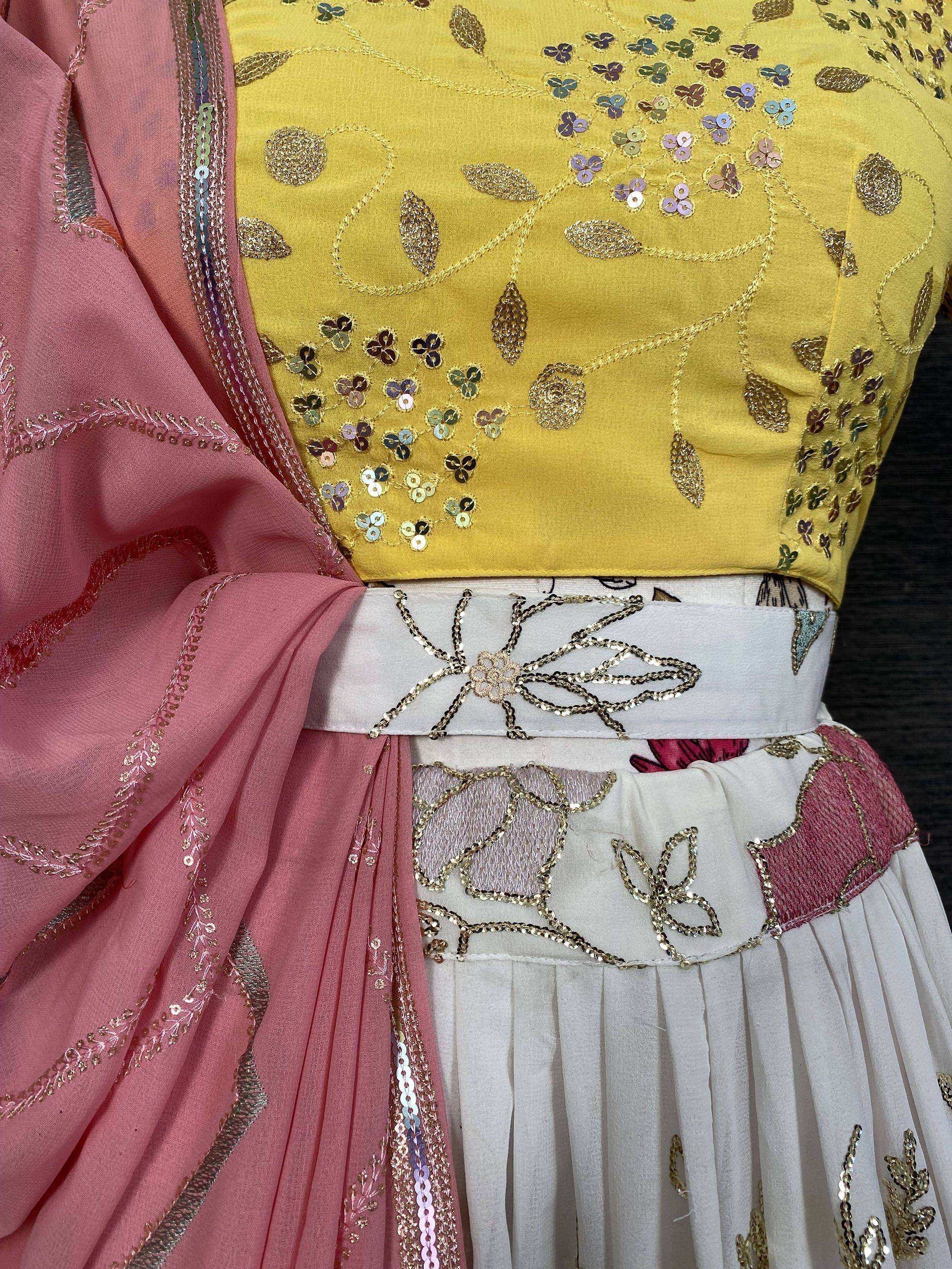 Yellow sequin embroidered lehenga choli with pink dupatta, Indian ethnic wear