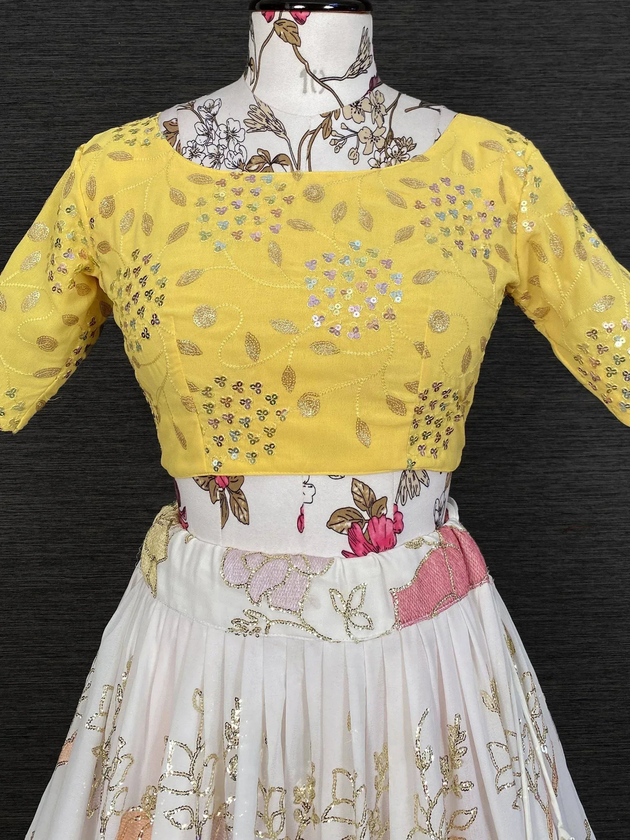 Yellow sequin embroidered blouse with white floral lehenga, Indian ethnic wear