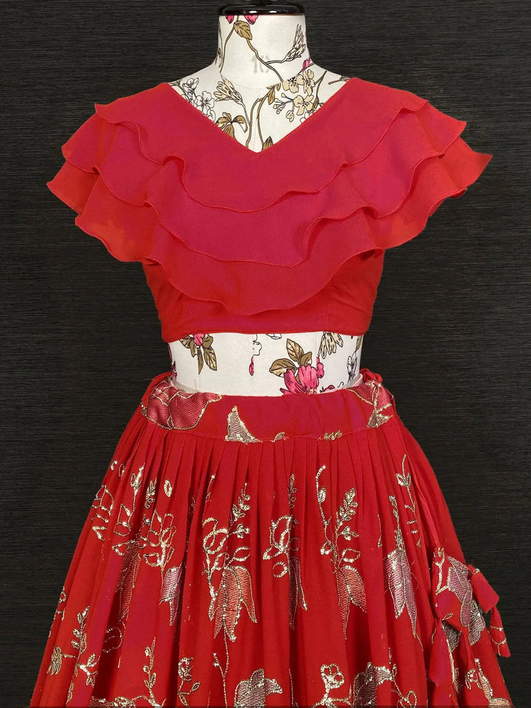 Pretty Red Georgette Thread Embroidered Crop Top Lehenga