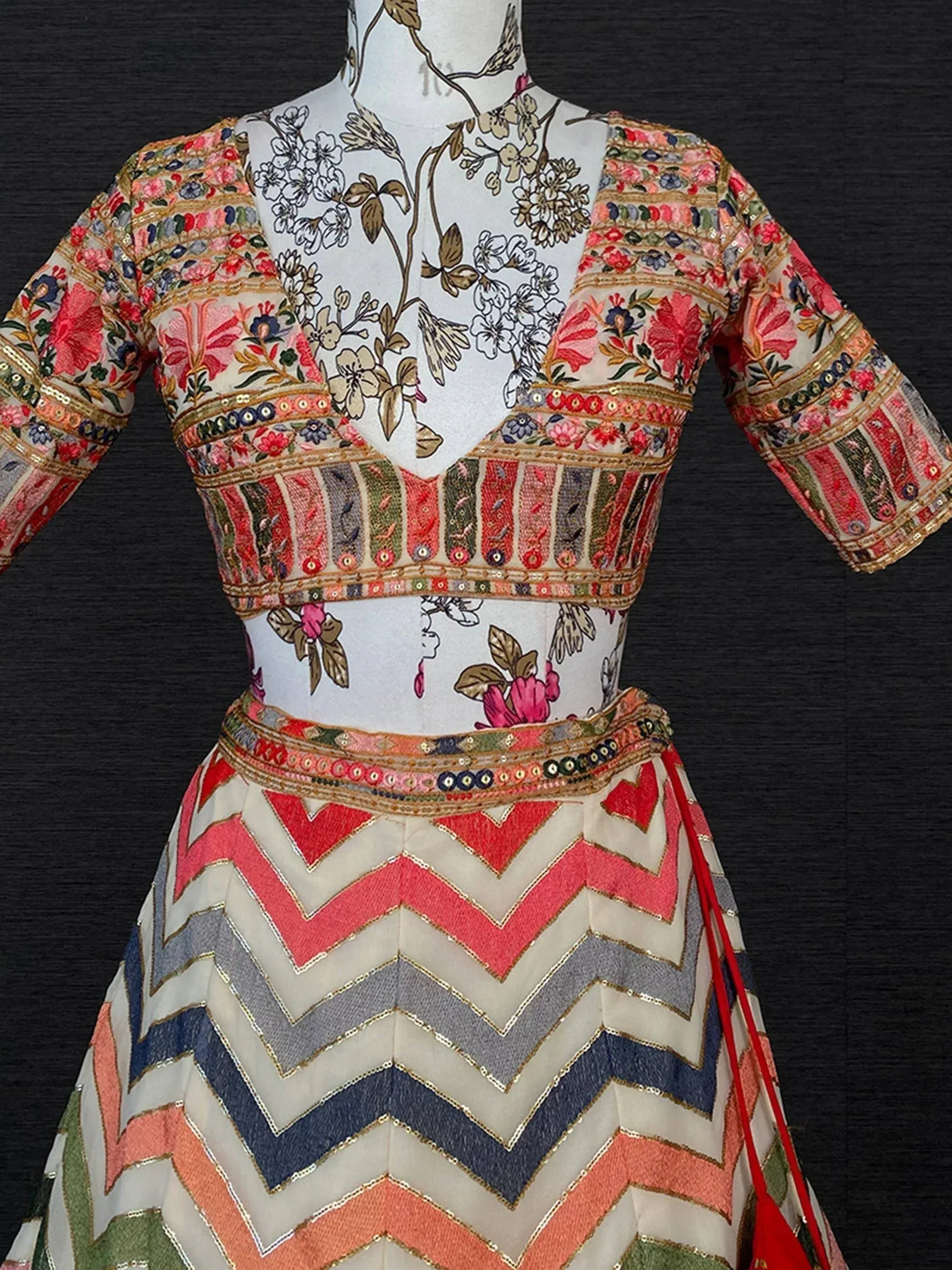 Floral embroidered lehenga choli with chevron skirt, Indian ethnic wear for women