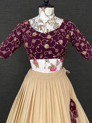 Marvelous Beige Thread Embroidery Georgette Lehenga Choli with Dupatta