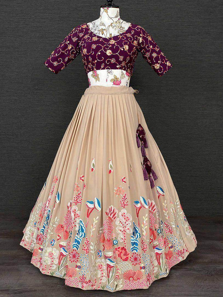 Marvelous Beige Thread Embroidery Georgette Lehenga Choli with Dupatta