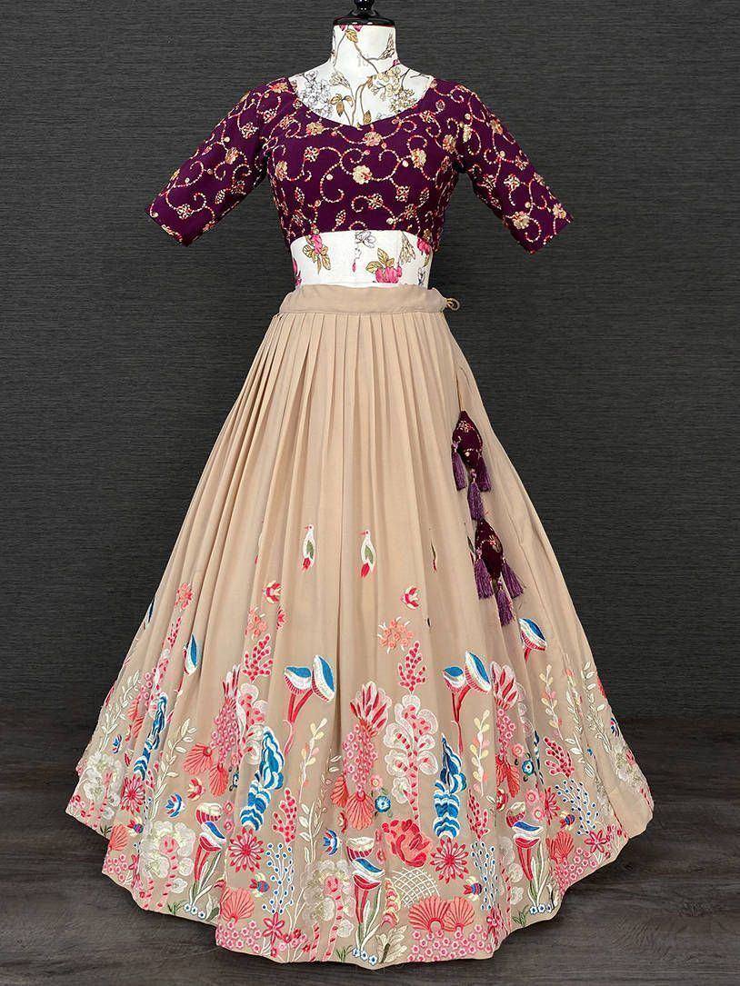 Purple embroidered blouse with beige floral lehenga, Indian ethnic wear for weddings and festivals