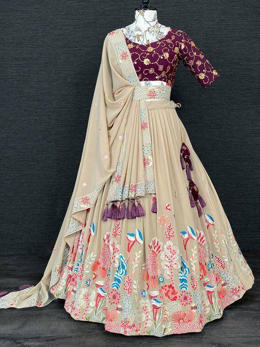 Beige floral lehenga choli with maroon embroidered blouse and tassels, Indian ethnic wear