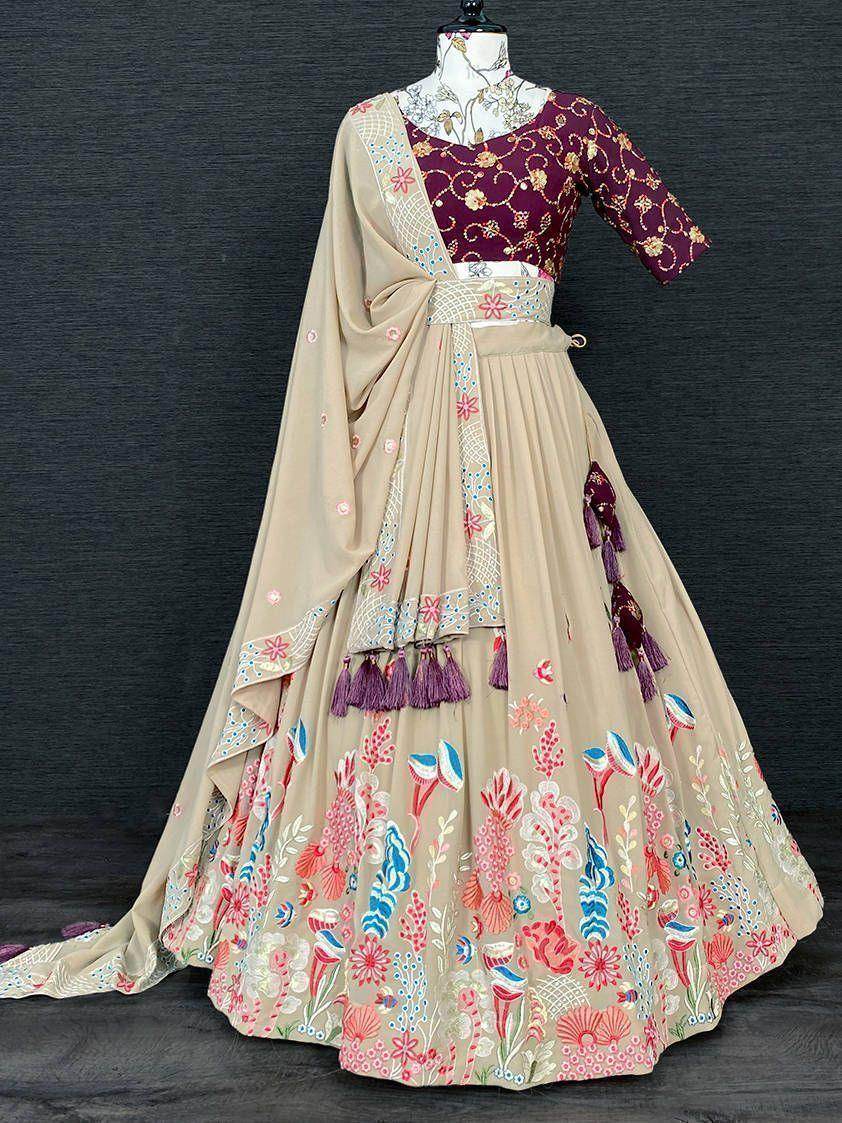 Marvelous Beige Thread Embroidery Georgette Lehenga Choli with Dupatta