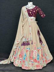 Marvelous Beige Thread Embroidery Georgette Lehenga Choli with Dupatta