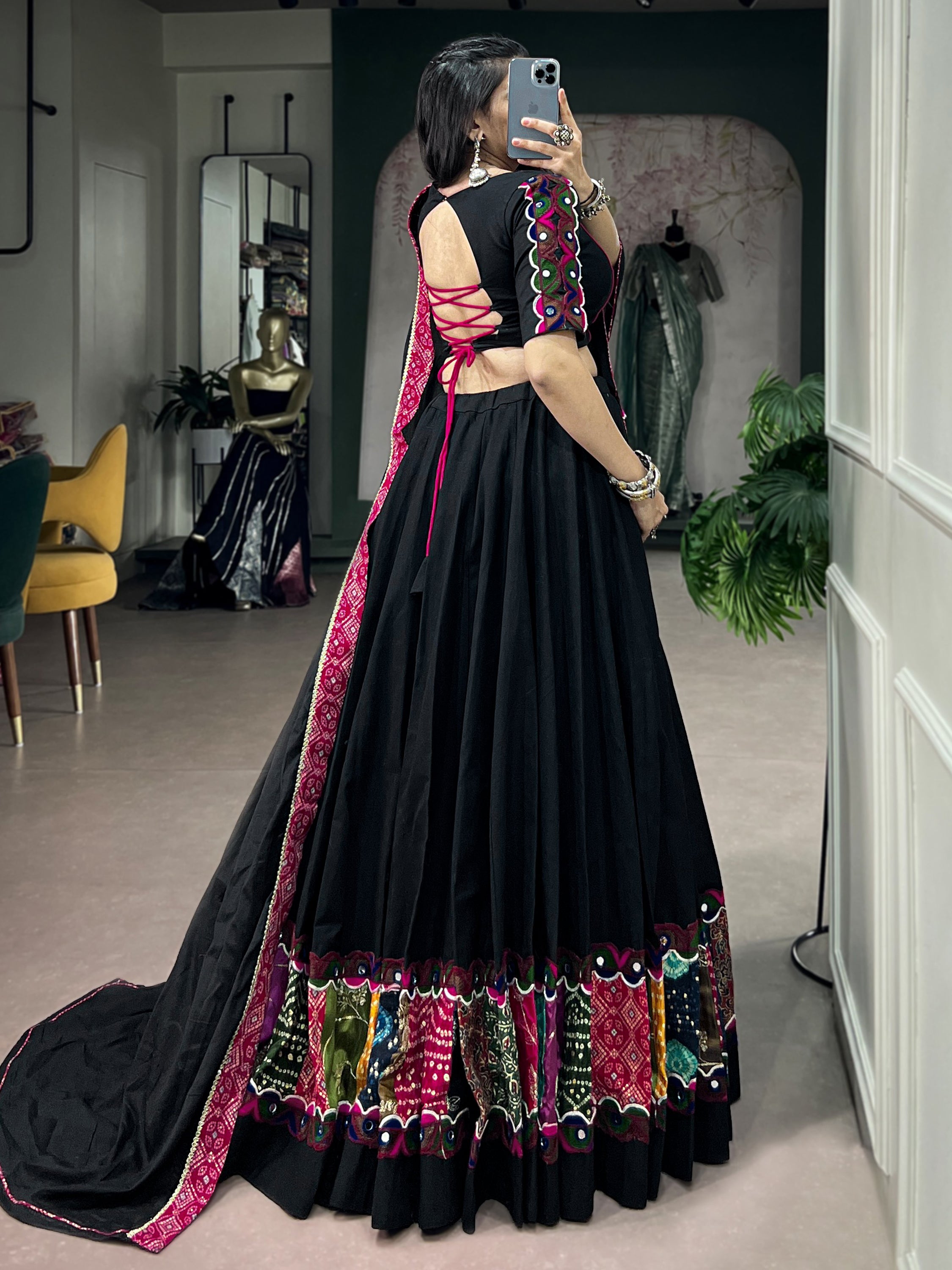 Dazzling Black Patch Work Cotton Navratri Lehenga Choli With Dupatta