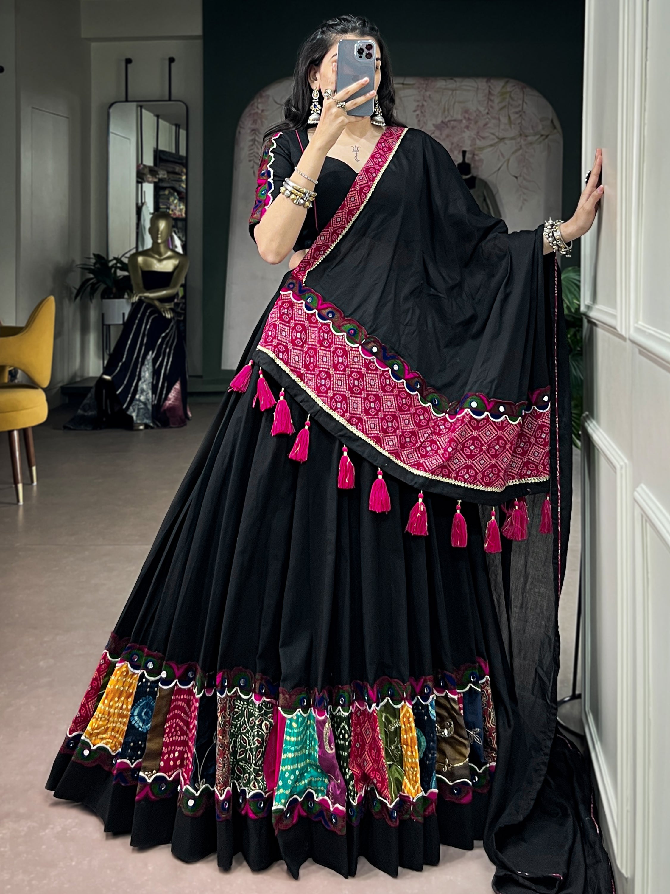 Dazzling Black Patch Work Cotton Navratri Lehenga Choli With Dupatta