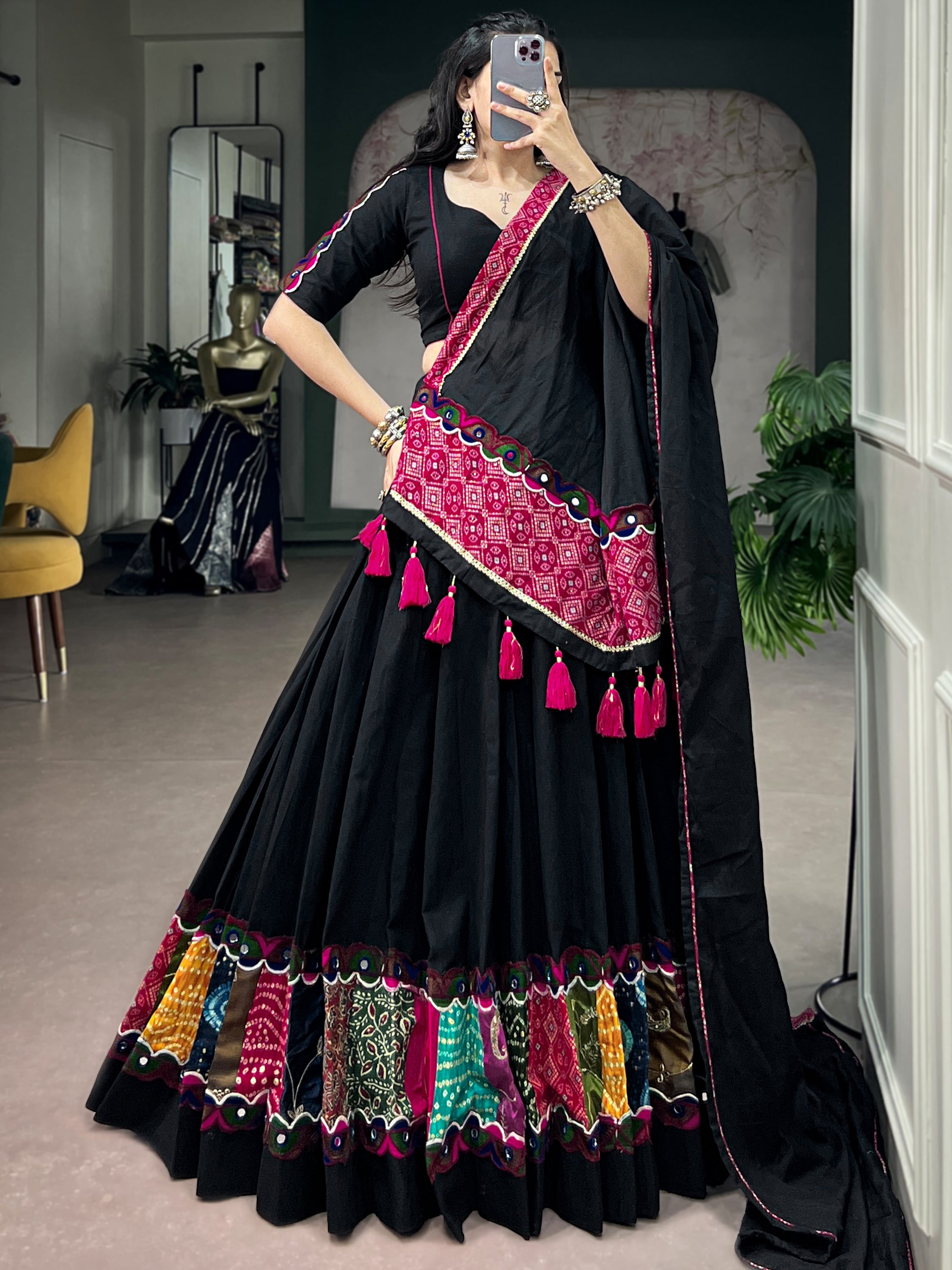 Dazzling Black Patch Work Cotton Navratri Lehenga Choli With Dupatta