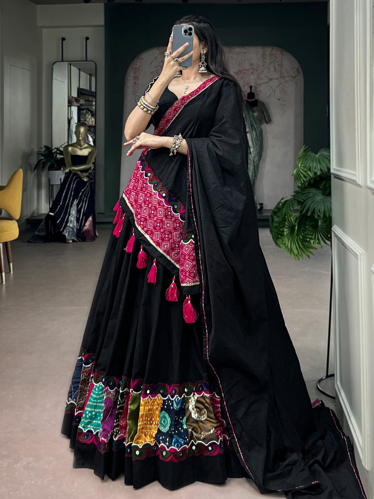 Dazzling Black Patch Work Cotton Navratri Lehenga Choli With Dupatta