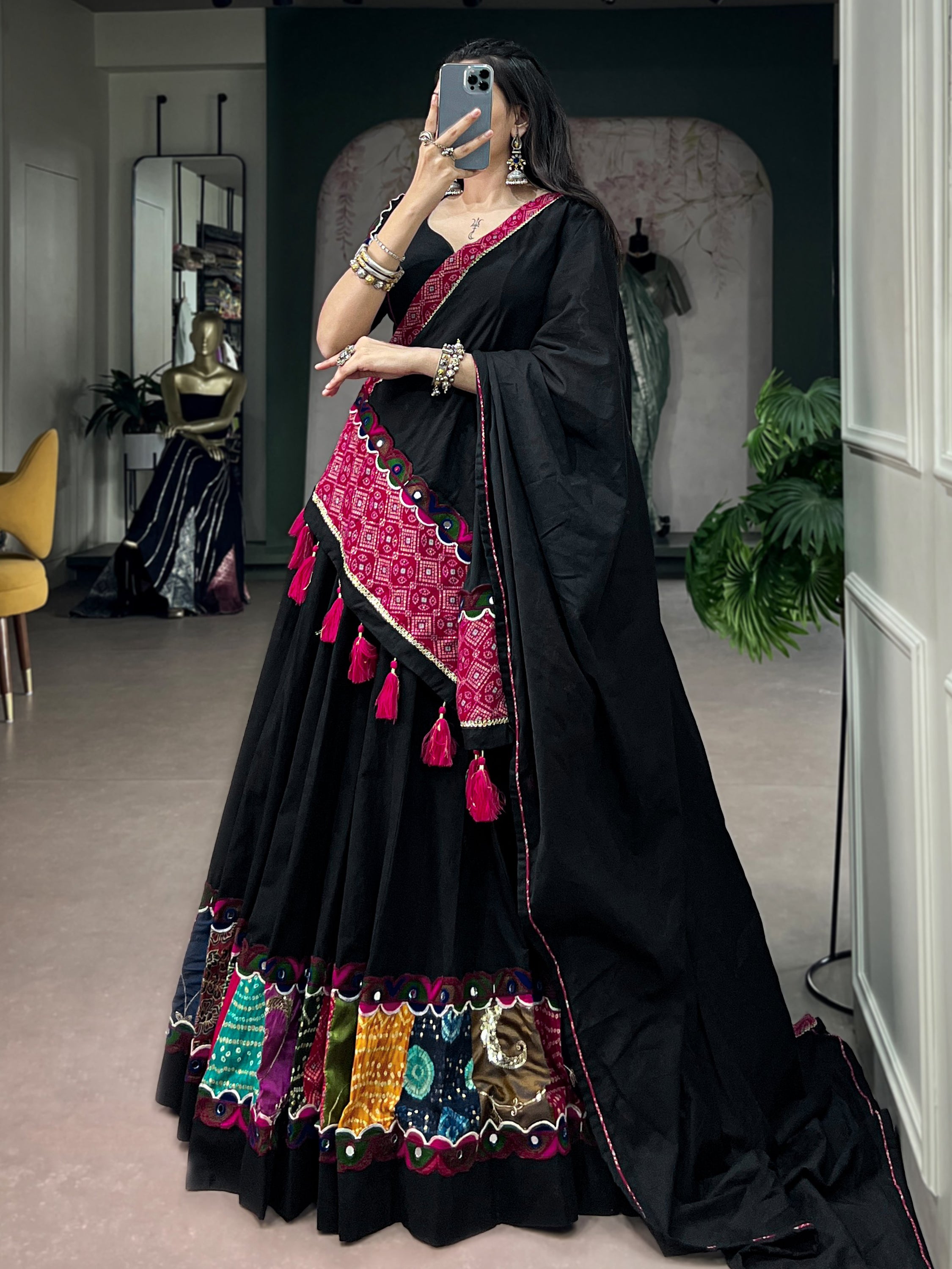Dazzling Black Patch Work Cotton Navratri Lehenga Choli With Dupatta