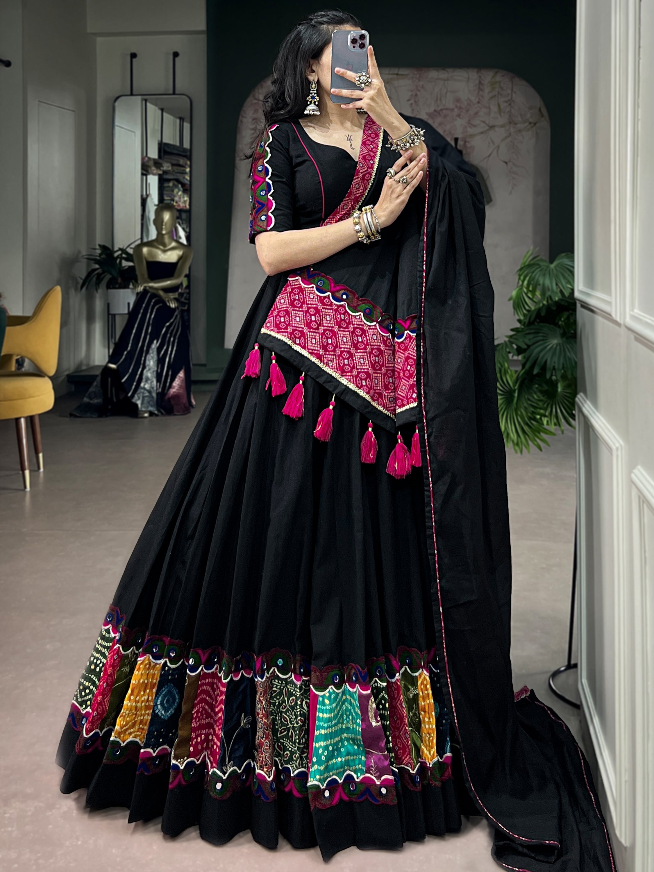 Dazzling Black Patch Work Cotton Navratri Lehenga Choli With Dupatta
