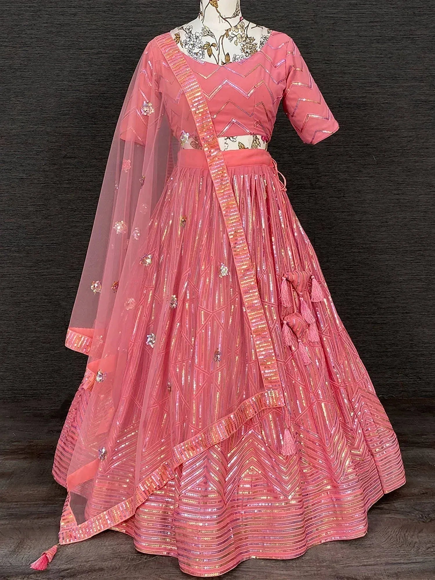 Pink sequin lehenga choli with chevron embroidery and sheer dupatta, Indian ethnic wear