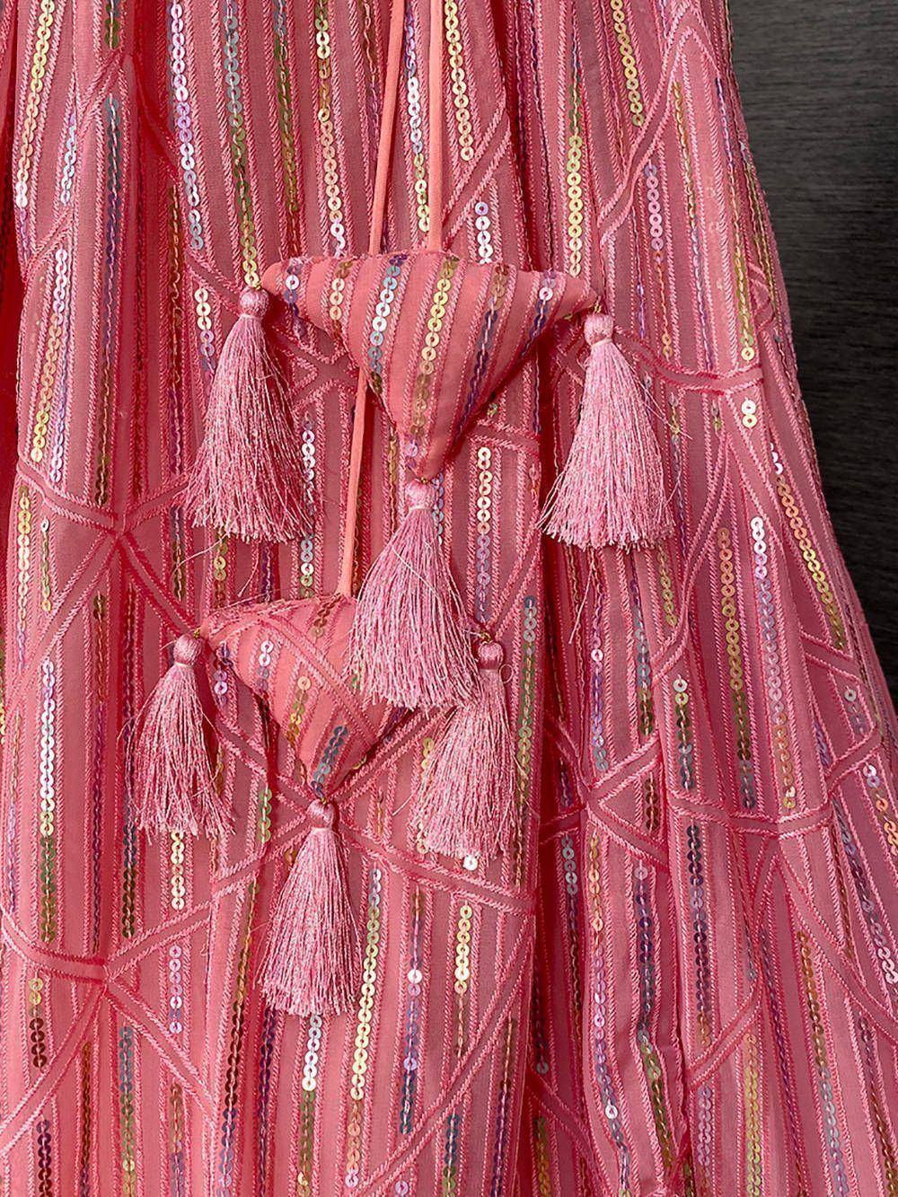 Pink sequin lehenga with tassels and geometric embroidery, ethnic Indian wear