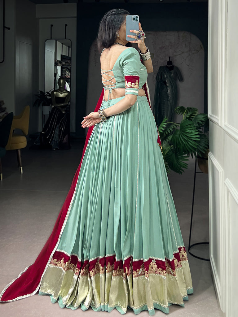 Great Mint Green Thread Work Rayon Navratri Lehenga Choli With Dupatta