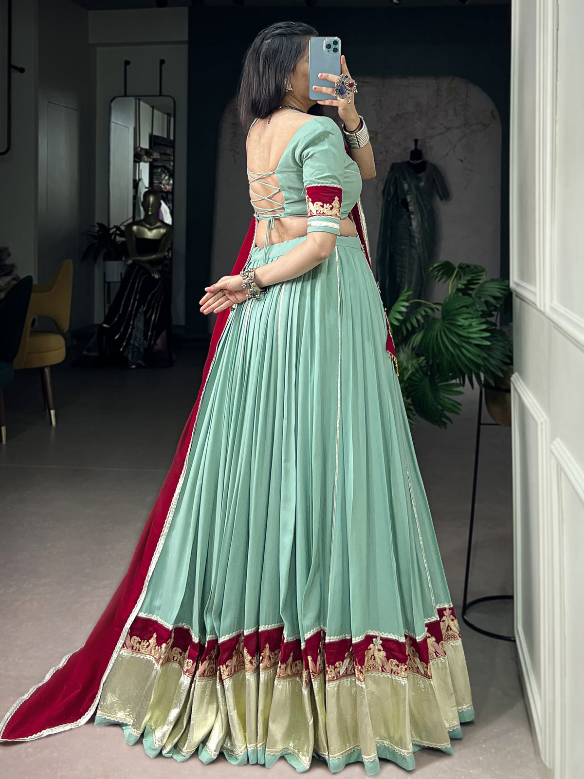 Great Mint Green Thread Work Rayon Navratri Lehenga Choli With Dupatta