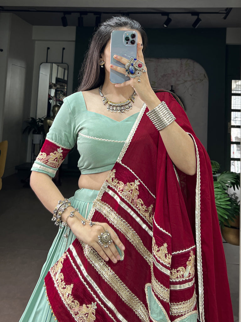 Great Mint Green Thread Work Rayon Navratri Lehenga Choli With Dupatta