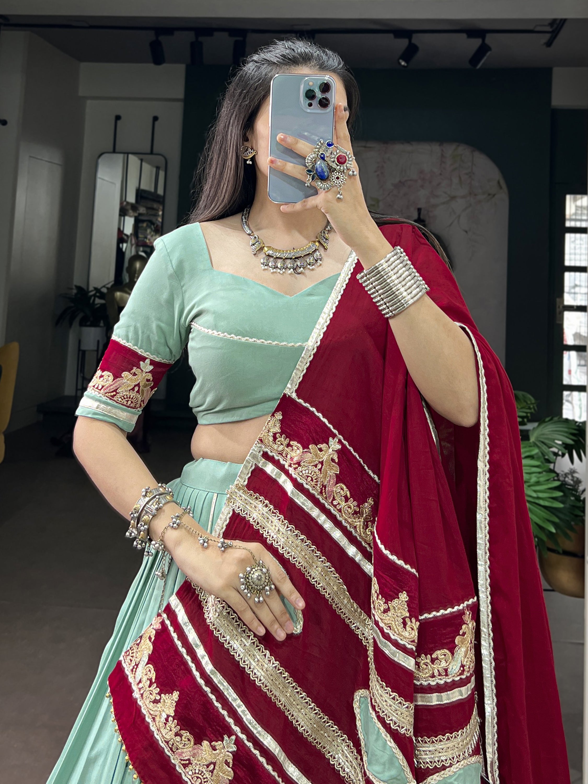 Great Mint Green Thread Work Rayon Navratri Lehenga Choli With Dupatta