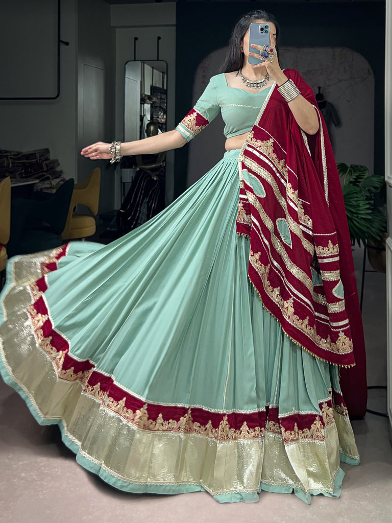 Great Mint Green Thread Work Rayon Navratri Lehenga Choli With Dupatta