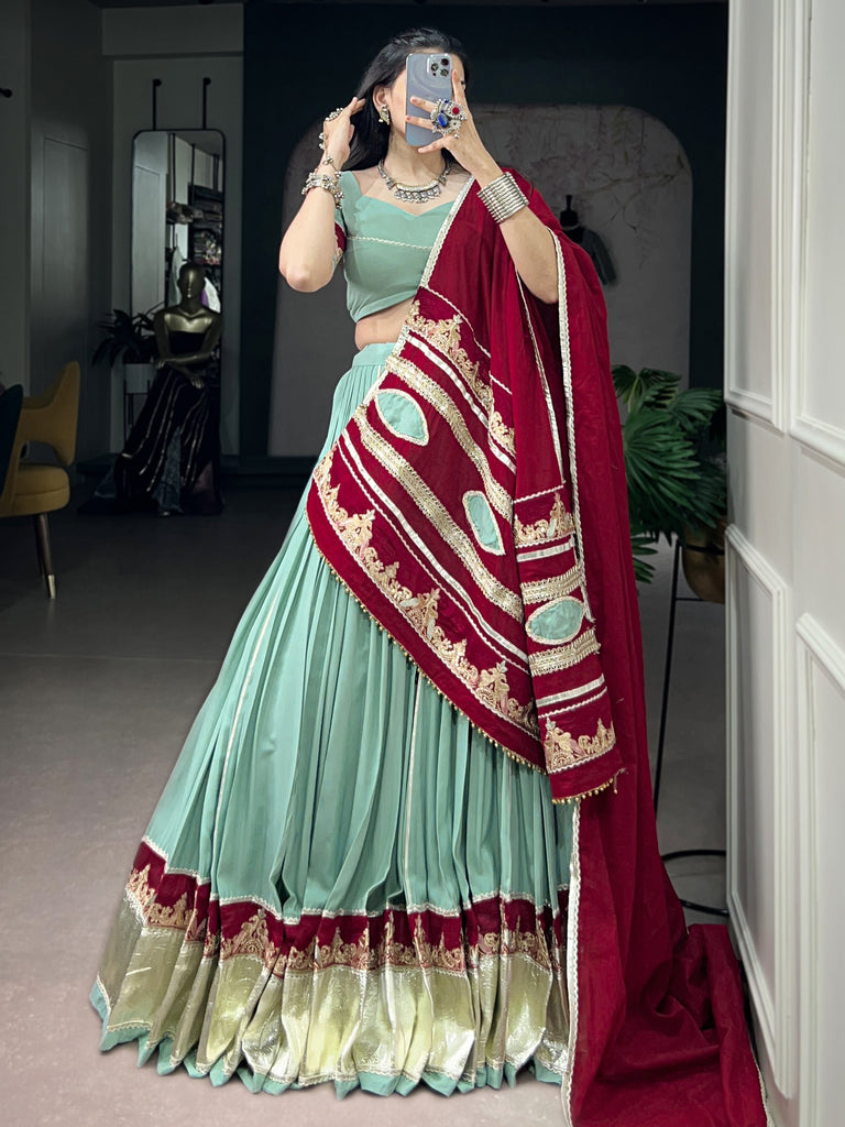 Great Mint Green Thread Work Rayon Navratri Lehenga Choli With Dupatta