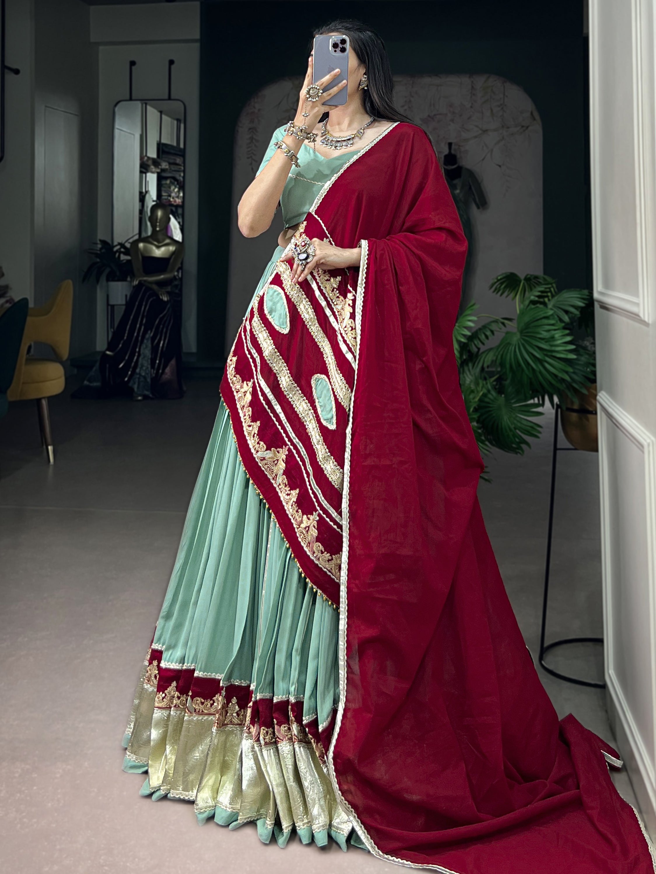 Great Mint Green Thread Work Rayon Navratri Lehenga Choli With Dupatta