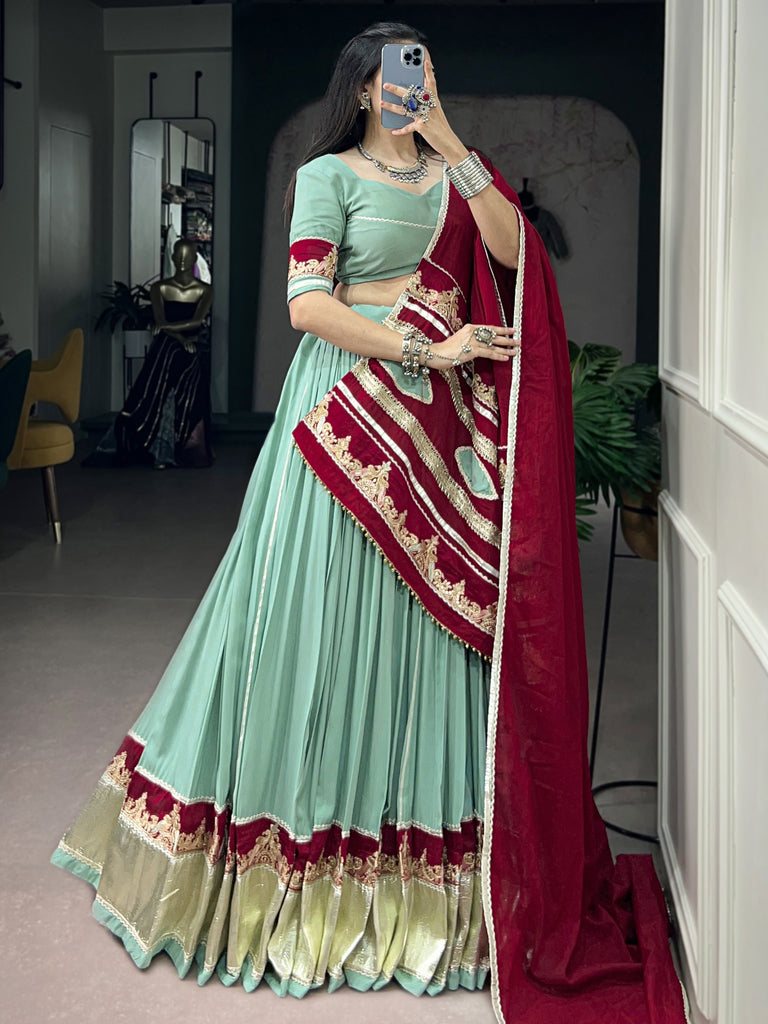 Great Mint Green Thread Work Rayon Navratri Lehenga Choli With Dupatta