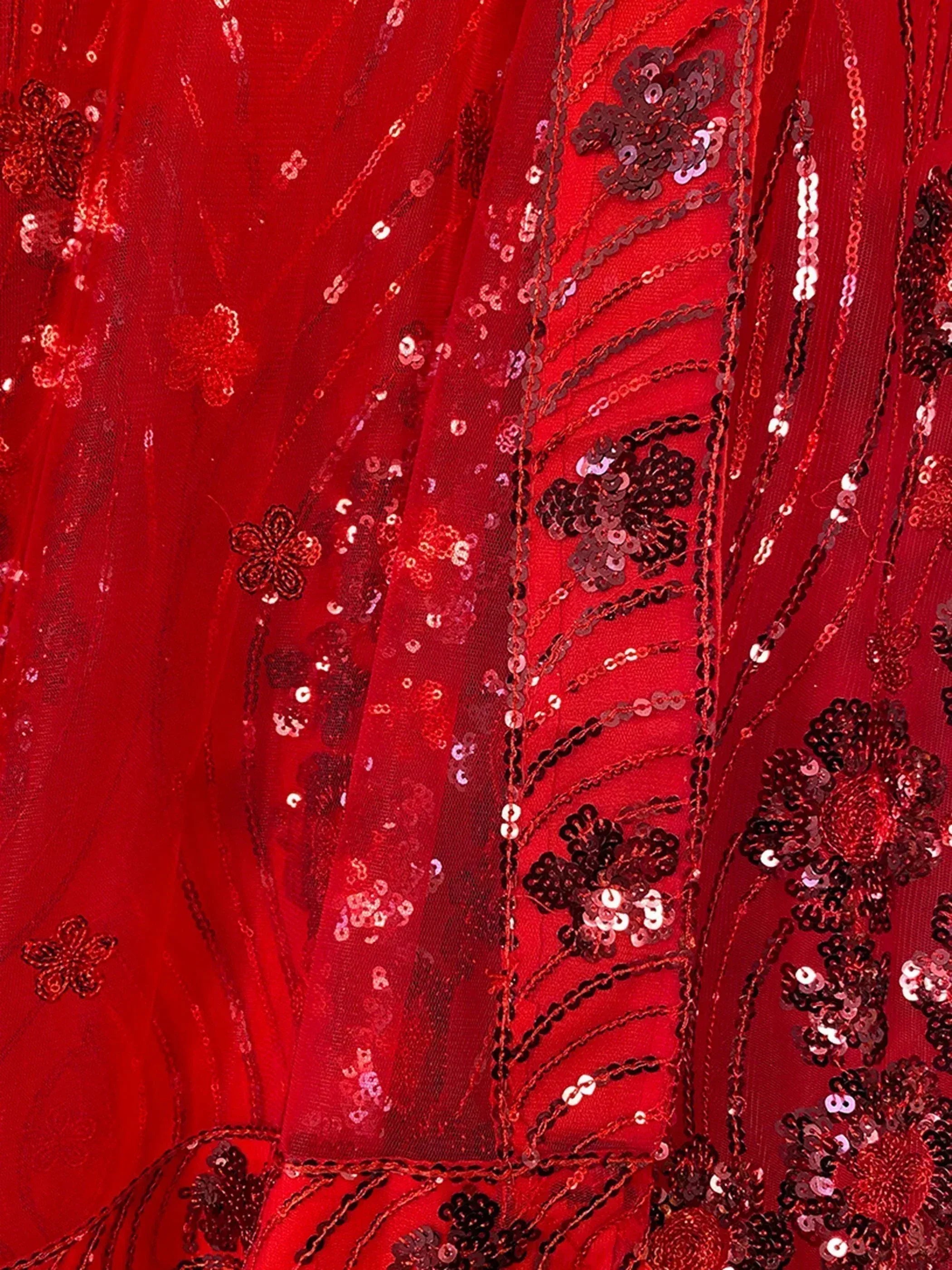 Red ethnic gown with sequin floral embroidery and sheer overlay detail