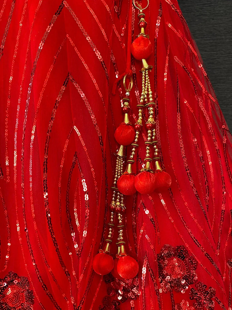 Charming Red Sequins Embroidered Net Wedding Wear Lehenga Choli