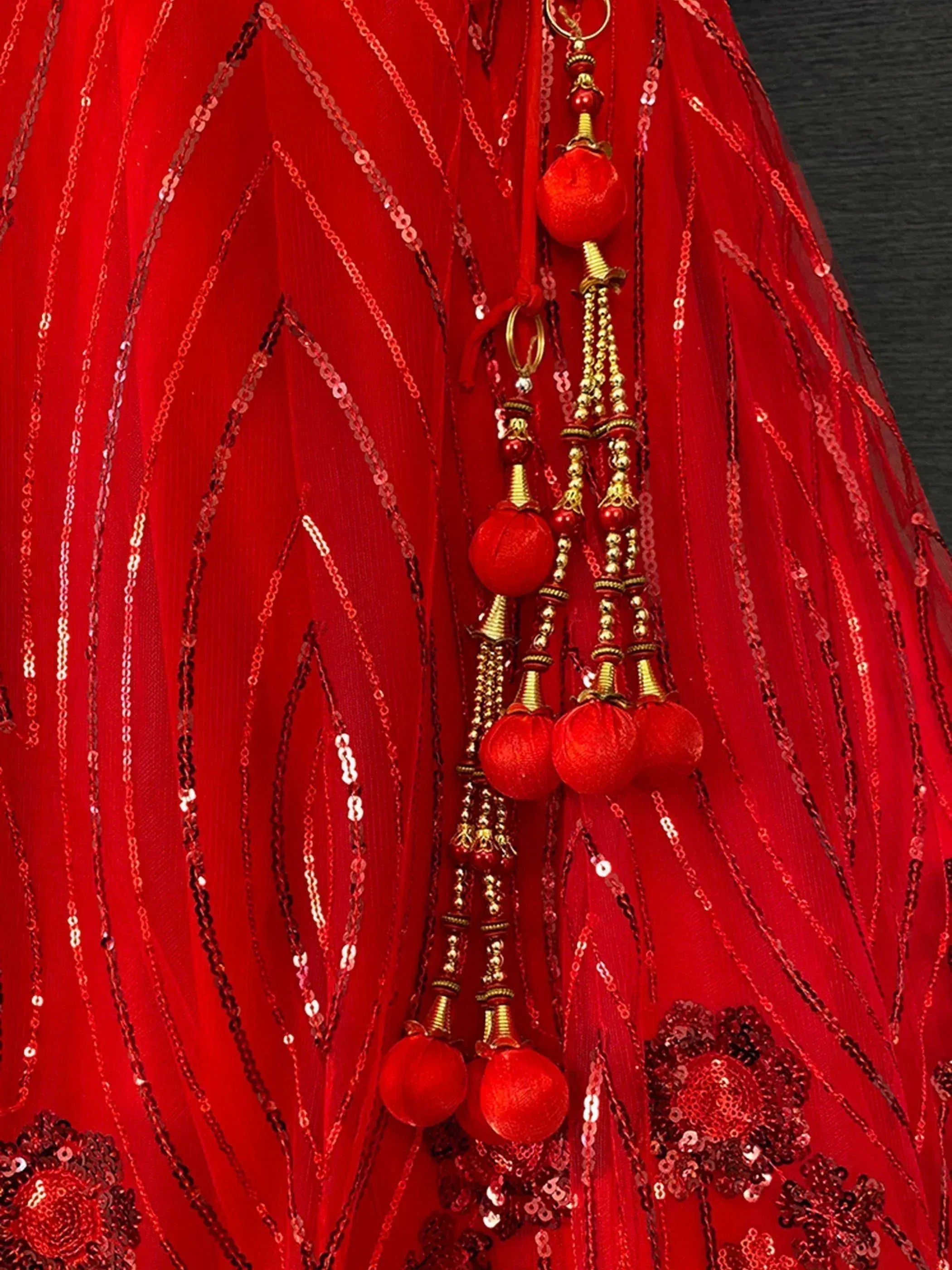 Red ethnic gown with sequin stripes, floral embroidery, and gold tassels for festive occasions