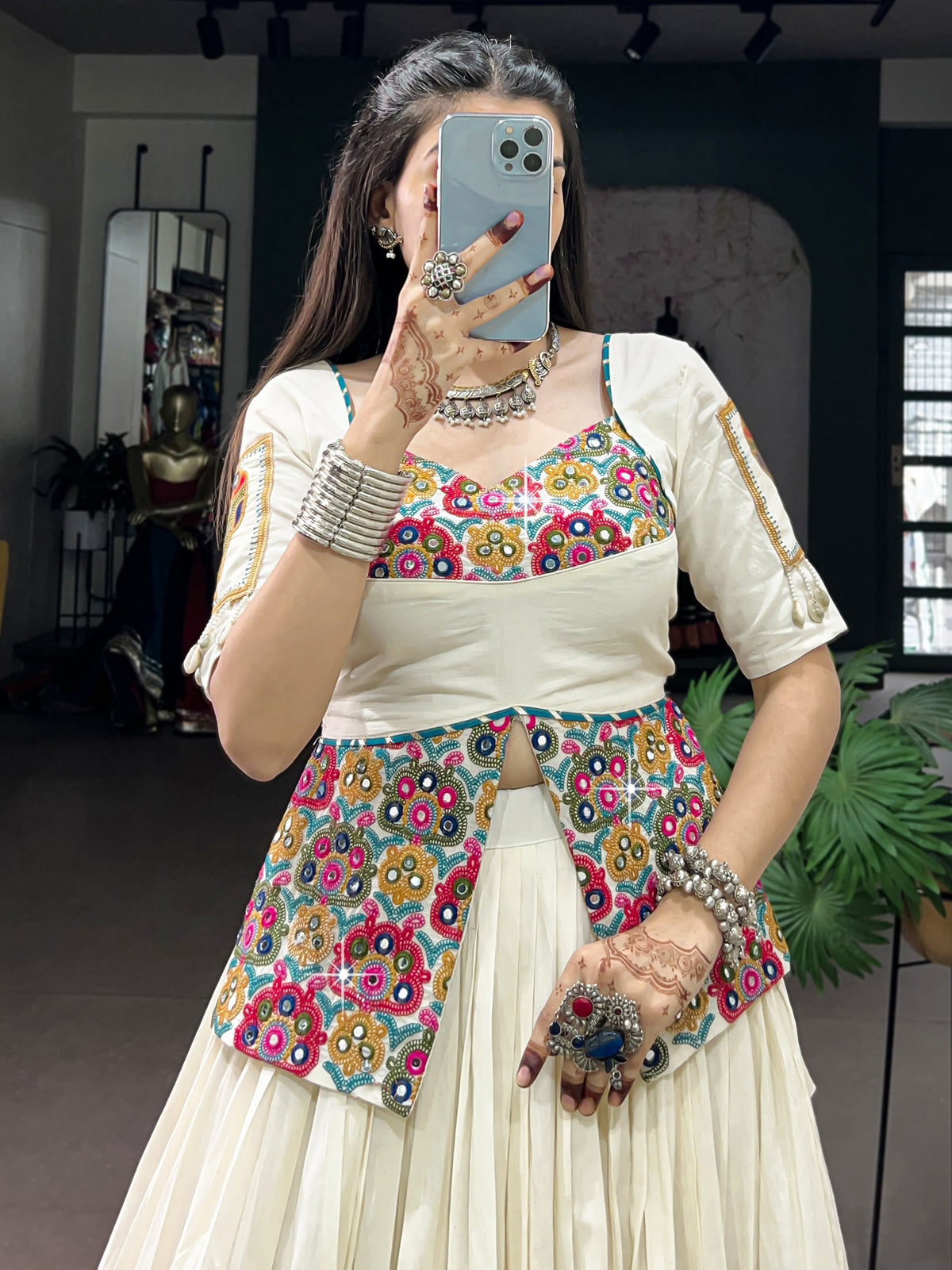 Aesthetic White Cotton Navratri Wear Lehenga With Gamthi Work Choli