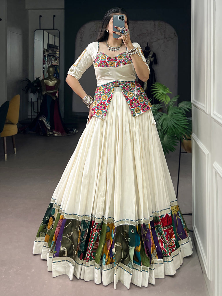 Aesthetic White Cotton Navratri Wear Lehenga With Gamthi Work Choli