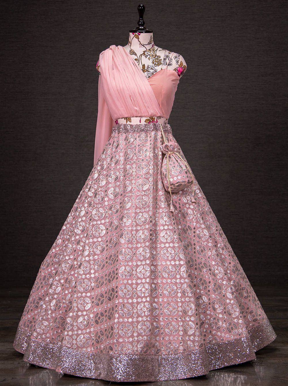 Pink designer lehenga choli with floral embroidery and sequin skirt, perfect for Indian ethnic wear occasions