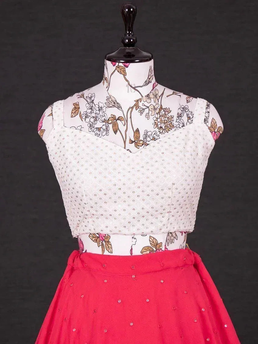 White floral embroidered blouse with pink lehenga skirt, ethnic wear for women