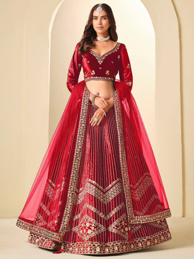 Lovable Red Sequins Velvet Bridal Lehenga Choli With Dupatta