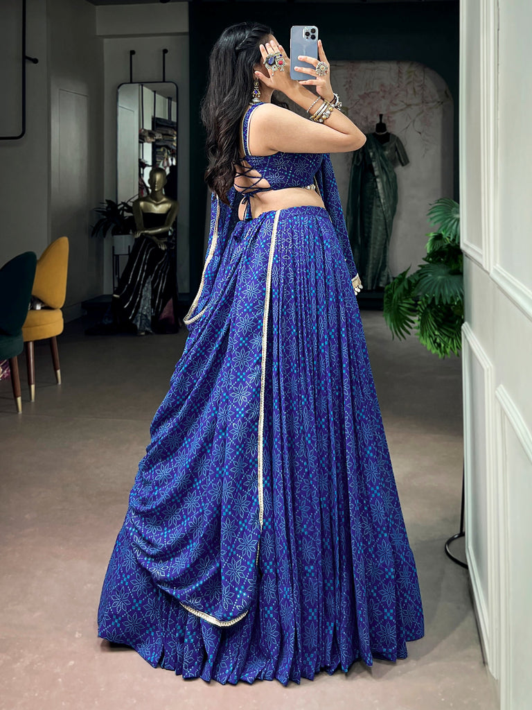 Tremendous Blue Bandhej Printed Georgette Navratri Wear Lehenga Choli