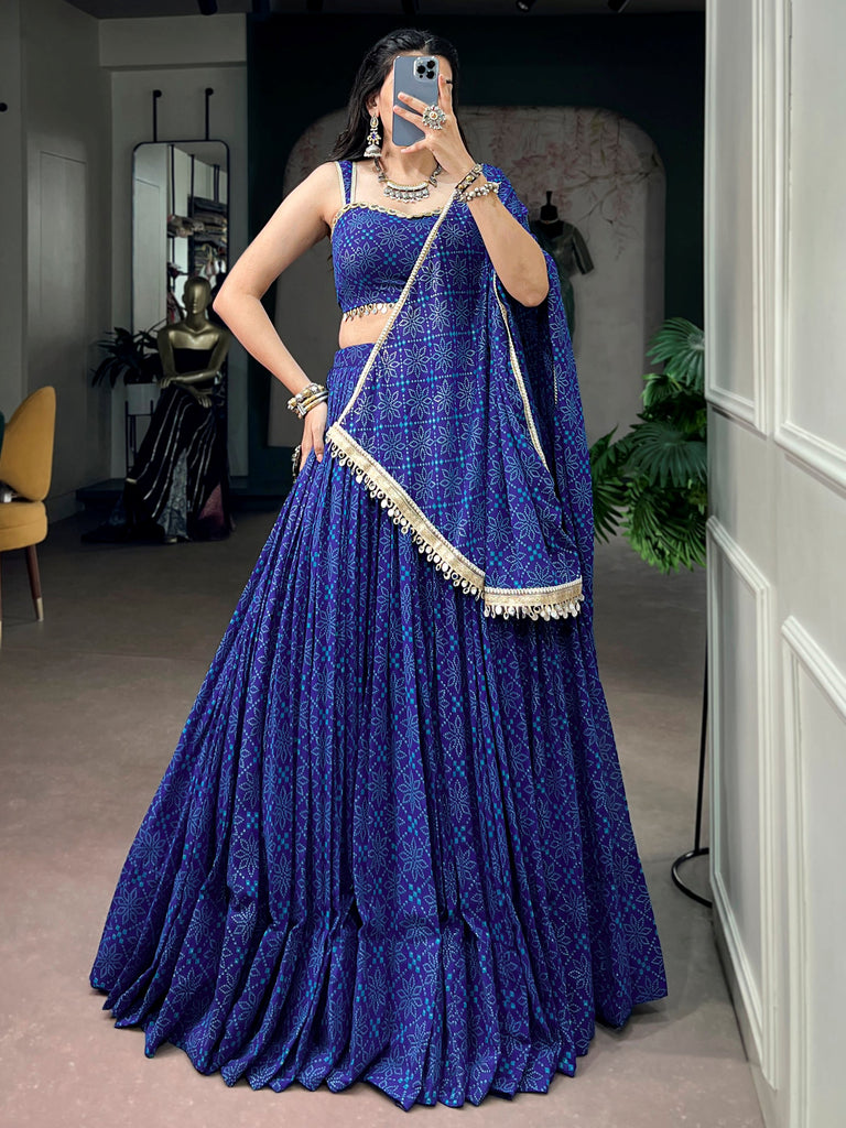 Tremendous Blue Bandhej Printed Georgette Navratri Wear Lehenga Choli