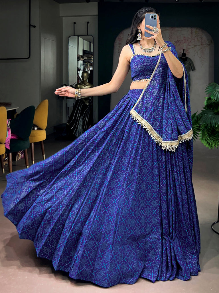 Tremendous Blue Bandhej Printed Georgette Navratri Wear Lehenga Choli