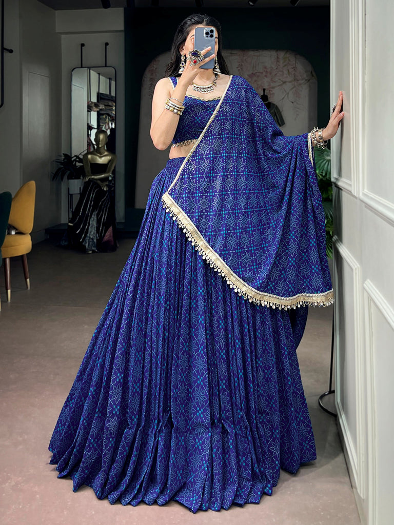 Tremendous Blue Bandhej Printed Georgette Navratri Wear Lehenga Choli