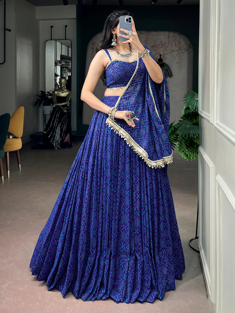Tremendous Blue Bandhej Printed Georgette Navratri Wear Lehenga Choli