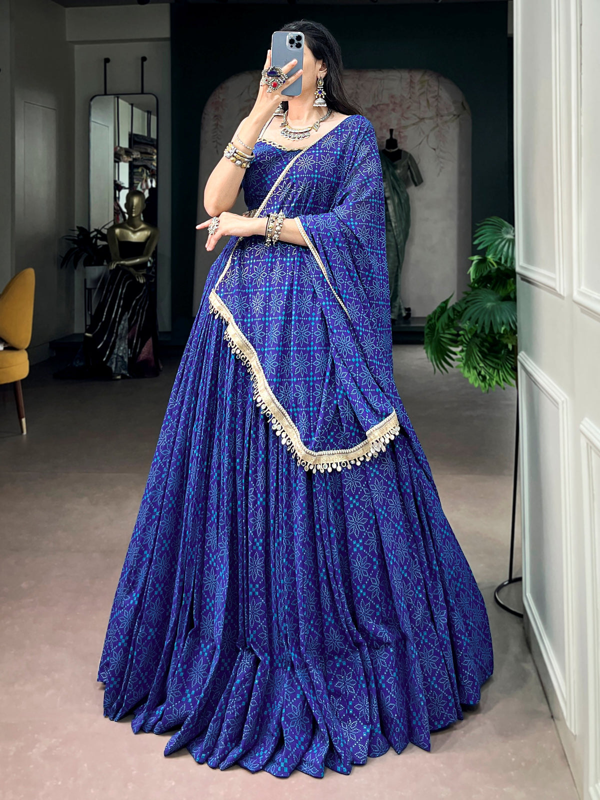 Tremendous Blue Bandhej Printed Georgette Navratri Wear Lehenga Choli